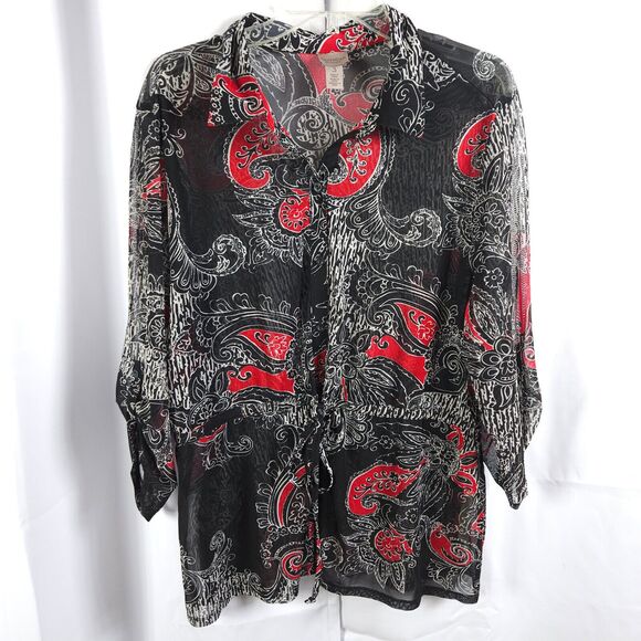 Chico's Easywear 3 Womens 16 Black Paisley Sheer Roll Tab Button Up Shirt Blouse - Picture 1 of 9